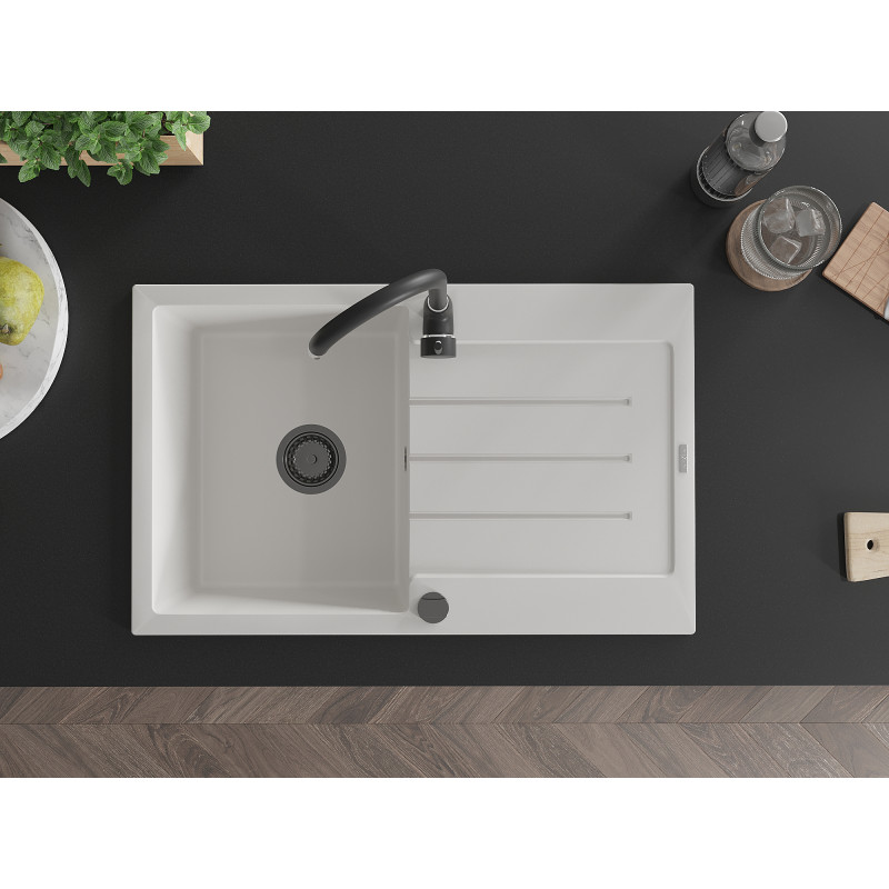 Mexen Bruno granite sink 1-bowl with drainer 795 x 495 mm, white, black siphon - 6513791010-20-B