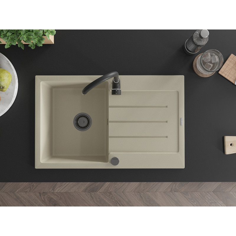 Mexen Bruno 1-bowl granite sink with drainer 795 x 495 mm, beige, black siphon - 6513791010-69-B