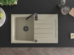 Mexen Bruno 1-compartment granite sink with a drip tray 795 x 495 mm, Beige, siphon Black - 6513791010-69-B