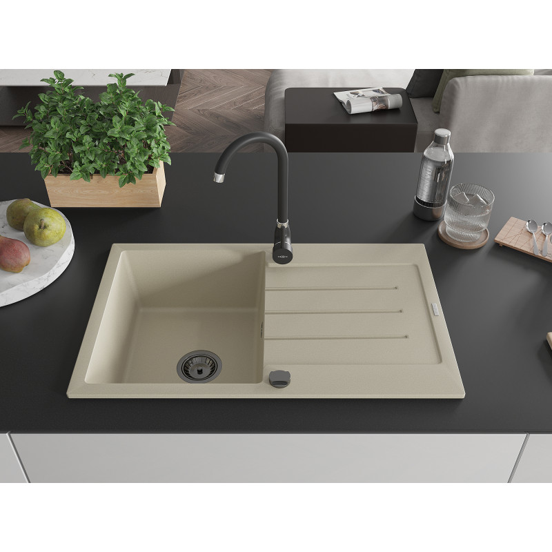 Mexen Bruno 1-bowl granite sink with drainer 795 x 495 mm, beige, black siphon - 6513791010-69-B