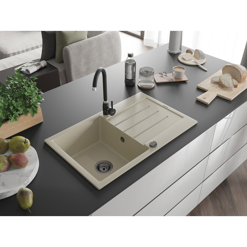 Mexen Bruno 1-bowl granite sink with drainer 795 x 495 mm, beige, black siphon - 6513791010-69-B