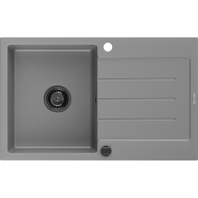 Mexen Bruno 1-compartment granite sink with a drip tray 795 x 495 mm, Grey, siphon Black - 6513791010-71-B