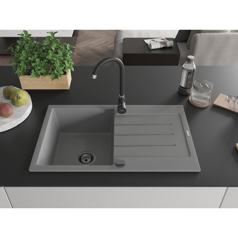 Mexen Bruno single-bowl granite sink with drainer 795 x 495 mm, gray, black siphon - 6513791010-71-B
