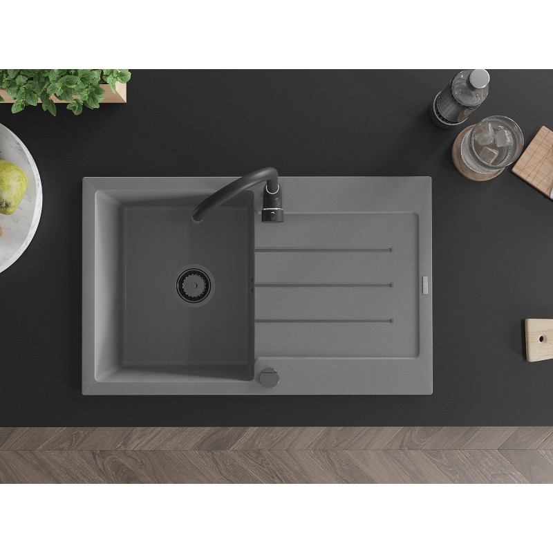 Mexen Bruno 1-bowl granite sink with drainer 795 x 495 mm, gray, black siphon - 6513791010-71-B
