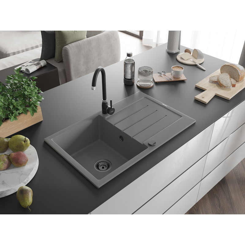 Mexen Bruno single-bowl granite sink with drainer 795 x 495 mm, gray, black siphon - 6513791010-71-B