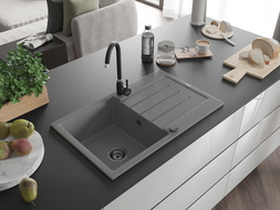 Mexen Bruno 1-compartment granite sink with a drip tray 795 x 495 mm, Grey, siphon Black - 6513791010-71-B