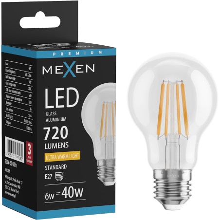Mexen Vintis LED filament bulb E27, A60, 6W, Warm - 2200K, 720 lm, clear - L150-E27-0622-00