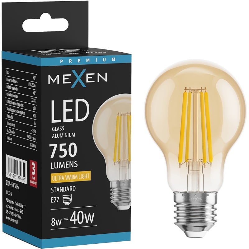 Mexen Vintis LED Filament Bulb E27, A60, 8W, Warm - 2200K, 750 lm, amber - L150-E27-0822-50