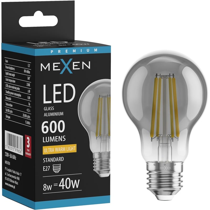 Mexen Vintis LED filament bulb E27, A60, 8W, Warm - 2200K, 600 lm, smoke - L150-E27-0822-70