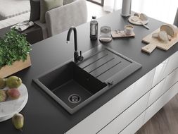 Mexen Bruno granite sink 1-bowl with drainer 795 x 495 mm, black speckled, black siphon - 6513791010-76-B
