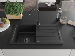 Mexen Bruno 1-compartment granite sink with a drip tray 795 x 495 mm, Black, siphon Black - 6513791010-77-B