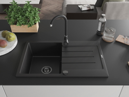 Mexen Bruno granite sink 1-bowl with drainer 795 x 495 mm, black, black siphon - 6513791010-77-B