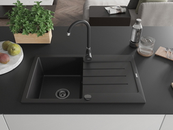 Mexen Bruno granite sink single-bowl with drainer 795 x 495 mm, black, black siphon - 6513791010-77-B