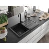 Mexen Bruno granite sink single-bowl with drainer 795 x 495 mm, black, black siphon - 6513791010-77-B