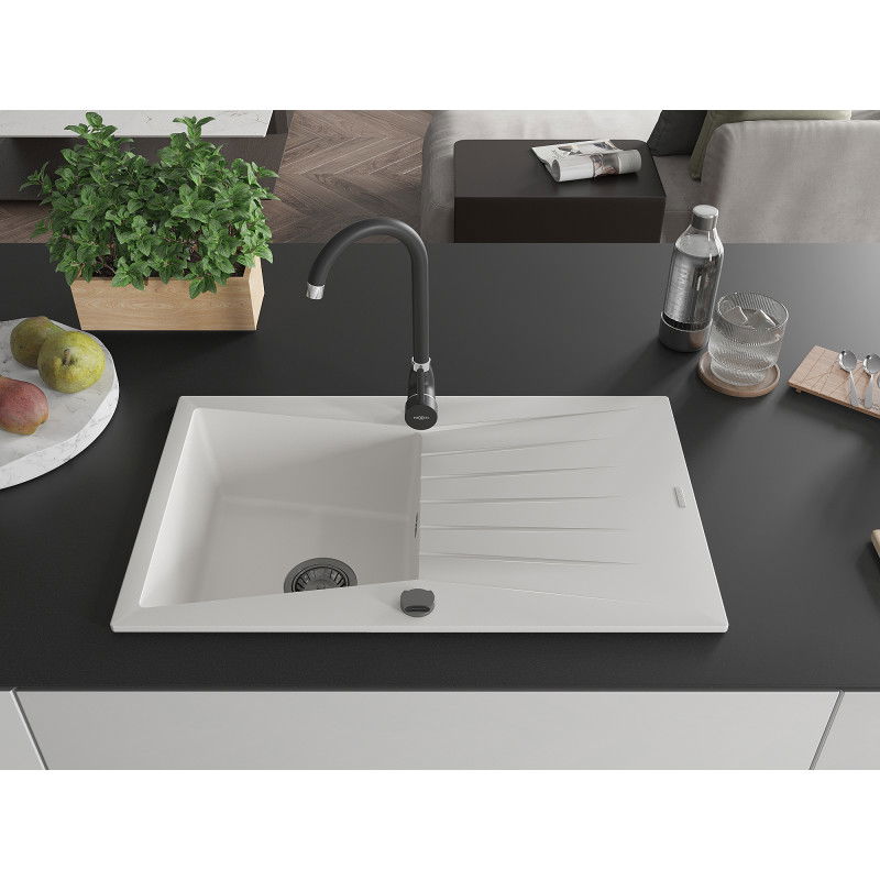 Mexen Cesar granite sink 1-bowl with drainer 775 x 470 mm, white, black siphon - 6514771010-20-B