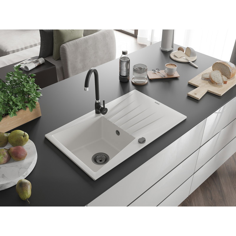 Mexen Cesar granite kitchen sink single-bowl with drainer 775 x 470 mm, white, black siphon - 6514771010-20-B