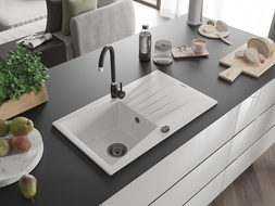 Mexen Cesar 1-compartment granite sink with a drip tray 775 x 470 mm, White, siphon Black - 6514771010-20-B