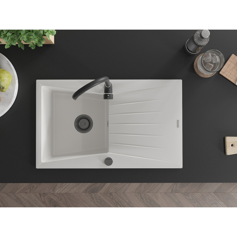Mexen Cesar granite kitchen sink single-bowl with drainer 775 x 470 mm, white, black siphon - 6514771010-20-B