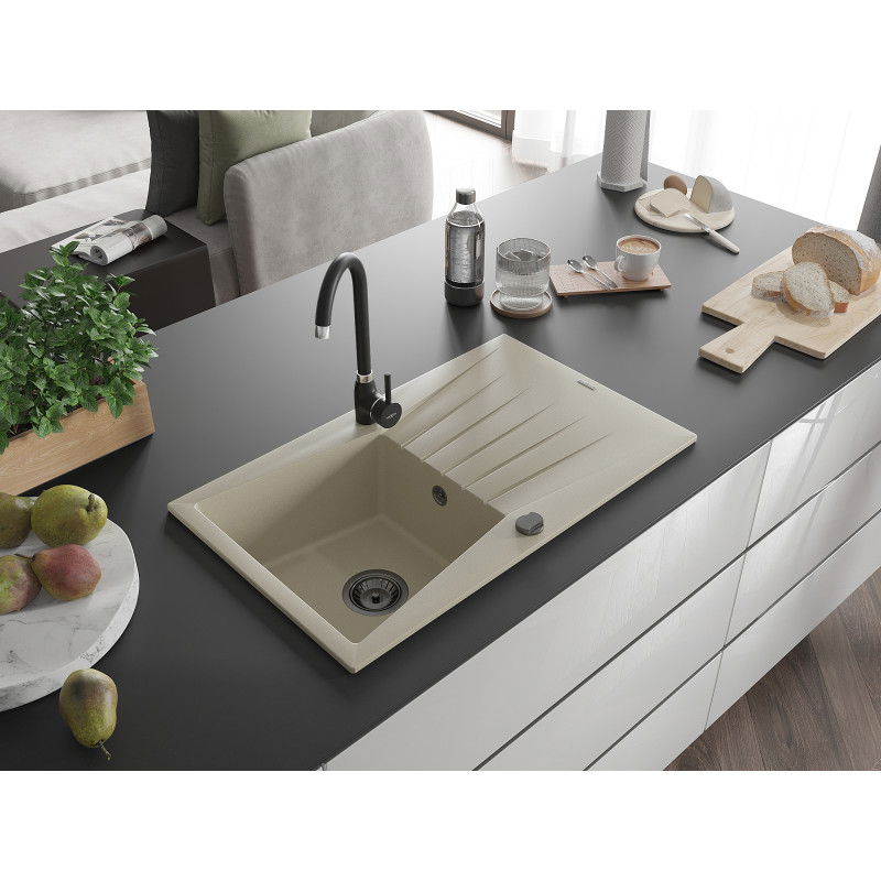 Mexen Cesar 1-bowl granite sink with drainer 775 x 470 mm, beige, black siphon - 6514771010-69-B