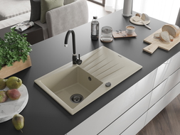 Mexen Cesar 1-compartment granite sink with a drip tray 775 x 470 mm, Beige, siphon Black - 6514771010-69-B