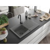Mexen Cesar granite sink 1-bowl with drainer 775 x 470 mm, gray, black siphon - 6514771010-71-B