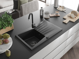 Mexen Cesar single-bowl granite sink with drainer 775 x 470 mm, black/silver metallic, black siphon - 6514771010-73-B