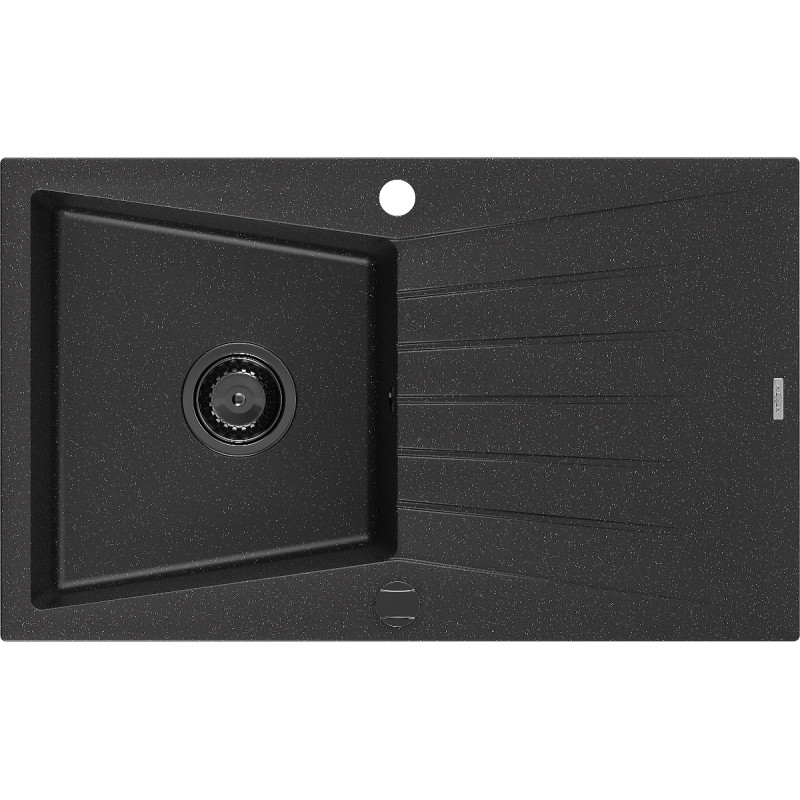 Mexen Cesar 1-bowl granite sink with drainer 775 x 470 mm, black/silver metallic, black syphon - 6514771010-73-B