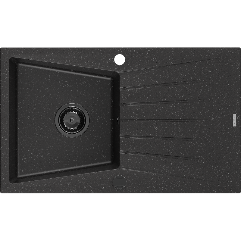 Mexen Cesar 1-compartment granite sink with a drip tray 775 x 470 mm, Black/Silver metallic, siphon Black - 6514771010-73-B