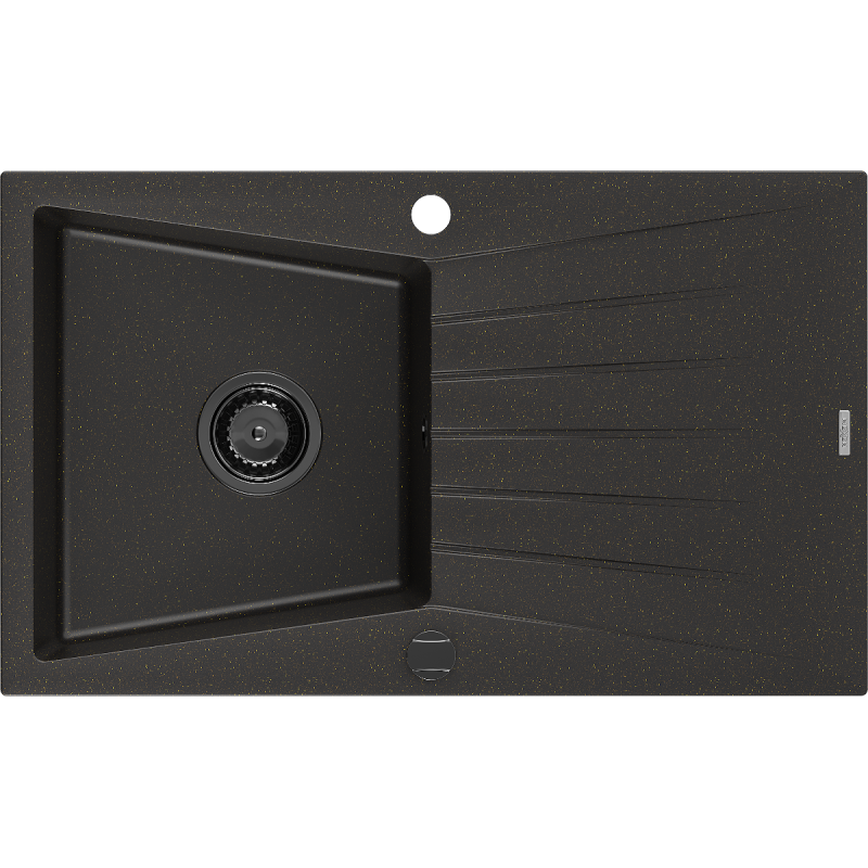 Mexen Cesar 1-compartment granite sink with a drip tray 775 x 470 mm, Black/Gold metallic, siphon Black - 6514771010-75-B