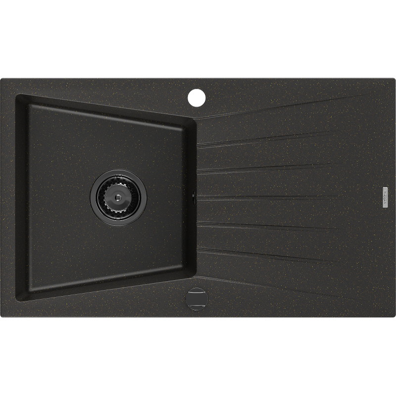Mexen Cesar granite kitchen sink 1-bowl with drainer 775 x 470 mm, black/gold metallic, black siphon - 6514771010-75-B