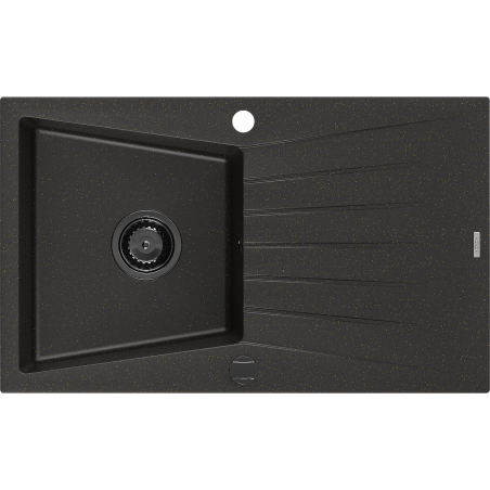 Mexen Cesar single-basin granite sink with drainer 775 x 470 mm, black/gold metallic, black siphon - 6514771010-75-B