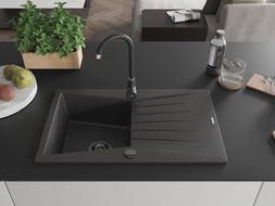 Mexen Cesar 1-compartment granite sink with a drip tray 775 x 470 mm, spotted black, siphon Black - 6514771010-76-B