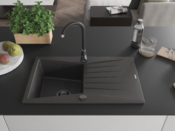 Mexen Cesar granite kitchen sink 1-bowl with drainer 775 x 470 mm, black speckled, black siphon - 6514771010-76-B