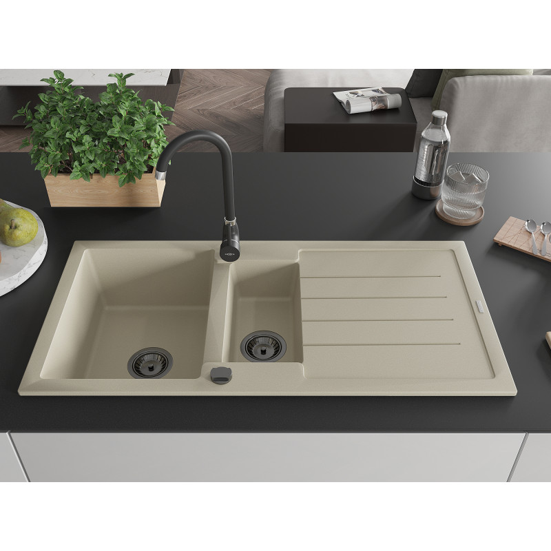 Mexen Andres 1.5-bowl granite sink with drainer 1000 x 500 mm, beige, black siphon - 6515101510-69-B
