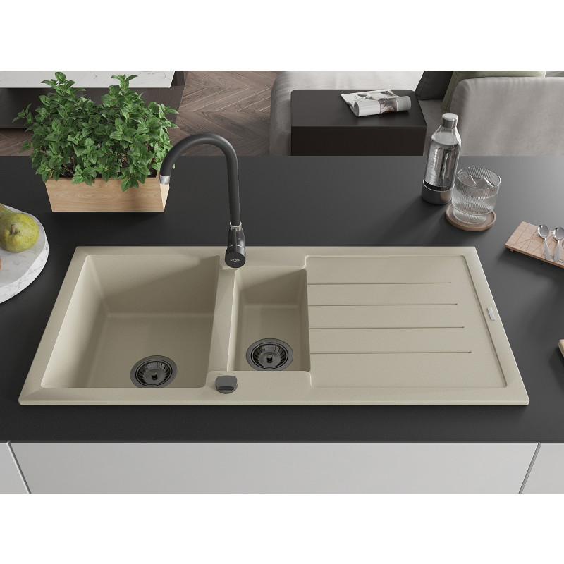 Mexen Andres granite sink 1.5-basin with drainer 1000 x 500 mm, beige, black siphon - 6515101510-69-B