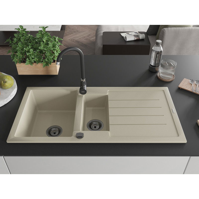 Mexen Andres granite sink 1.5-bowl with drainer 1000 x 500 mm, beige, black siphon - 6515101510-69-B