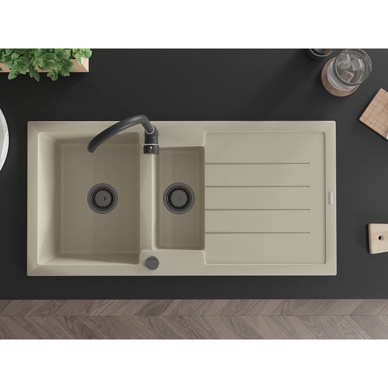 Mexen Andres 1.5-bowl granite sink with drainer 1000 x 500 mm, beige, black siphon - 6515101510-69-B