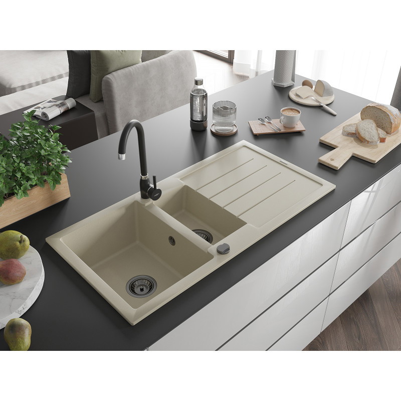 Mexen Andres 1.5-bowl granite sink with drainer 1000 x 500 mm, beige, black siphon - 6515101510-69-B