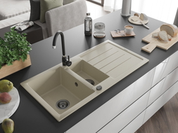 Mexen Andres 1.5-bowl granite sink with drainer 1000 x 500 mm, beige, black siphon - 6515101510-69-B