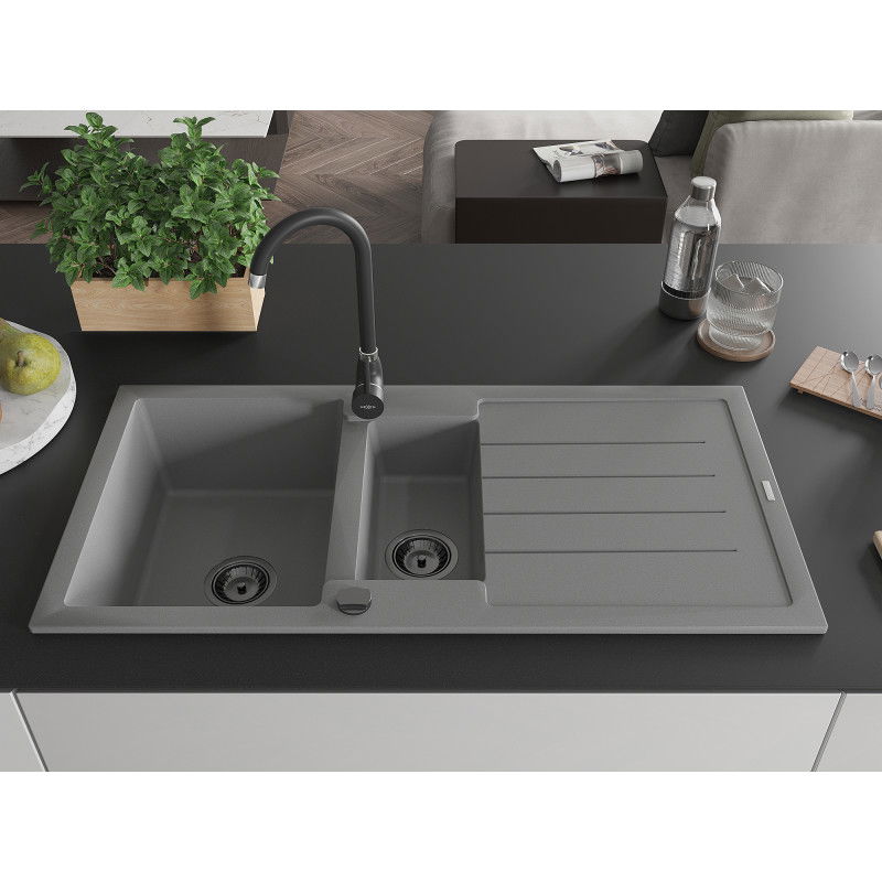 Mexen Andres granite sink 1.5-bowl with drainer 1000 x 500 mm, grey, black siphon - 6515101510-71-B