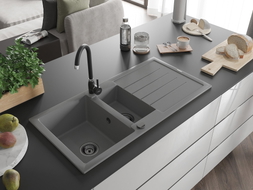 Mexen Andres granite sink 1.5-bowl with drainer 1000 x 500 mm, gray, black siphon - 6515101510-71-B
