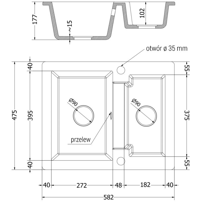 Mexen Carlos granite sink 1.5-bowl 582 x 475 mm, black, black siphon - 6518581500-77-B
