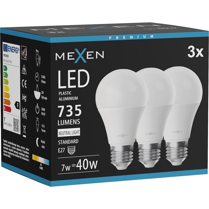 Mexen Nova 3x LED Bulb E27, A60, 7W, Neutral - 4000K, 735 lm - L100-E27-0740-01x03