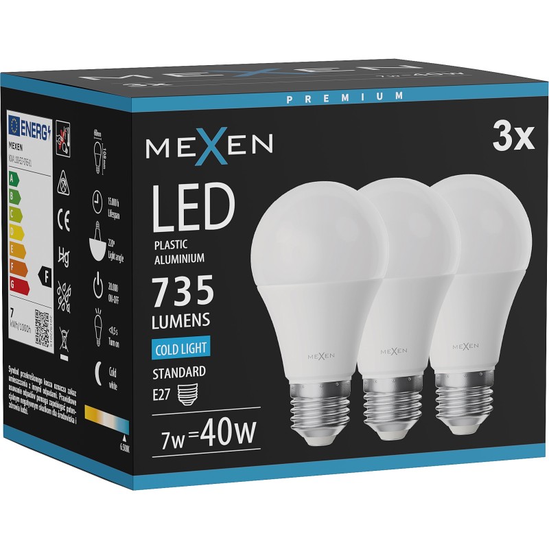 Mexen Nova 3x LED Bulb E27, A60, 7W, Cool - 6500K, 735 lm - L100-E27-0765-01x03