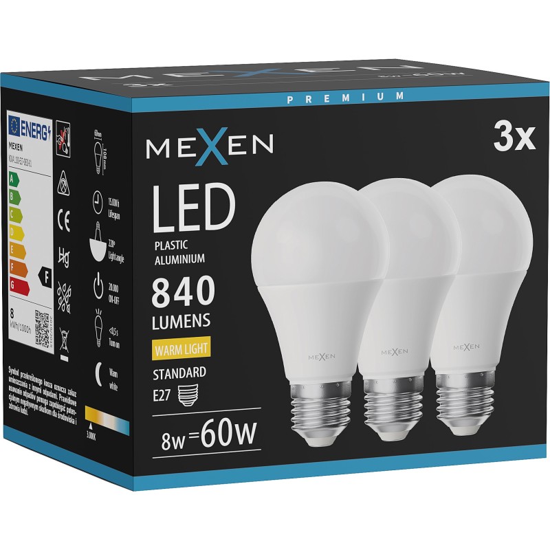 Mexen Nova 3x LED Bulb E27, A60, 8W, Warm - 3000K, 840 lm - L100-E27-0830-01x03
