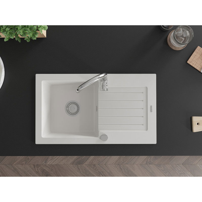 Mexen Pablo 1-bowl granite sink with drainer 752 x 436 mm, white, chrome siphon - 6510751010-20