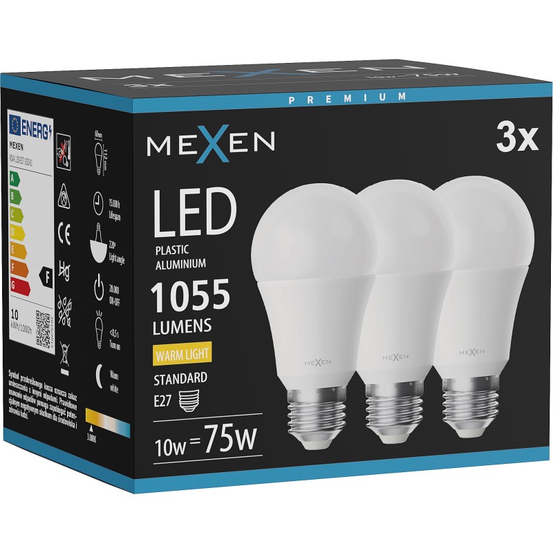 Mexen Nova 3x LED Bulb E27, A60, 10W, Warm - 3000K, 1055 lm - L100-E27-1030-01x03