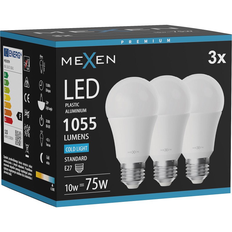 Mexen Nova 3x LED Bulb E27, A60, 10W, Cool - 6500K, 1055 lm - L100-E27-1065-01x03