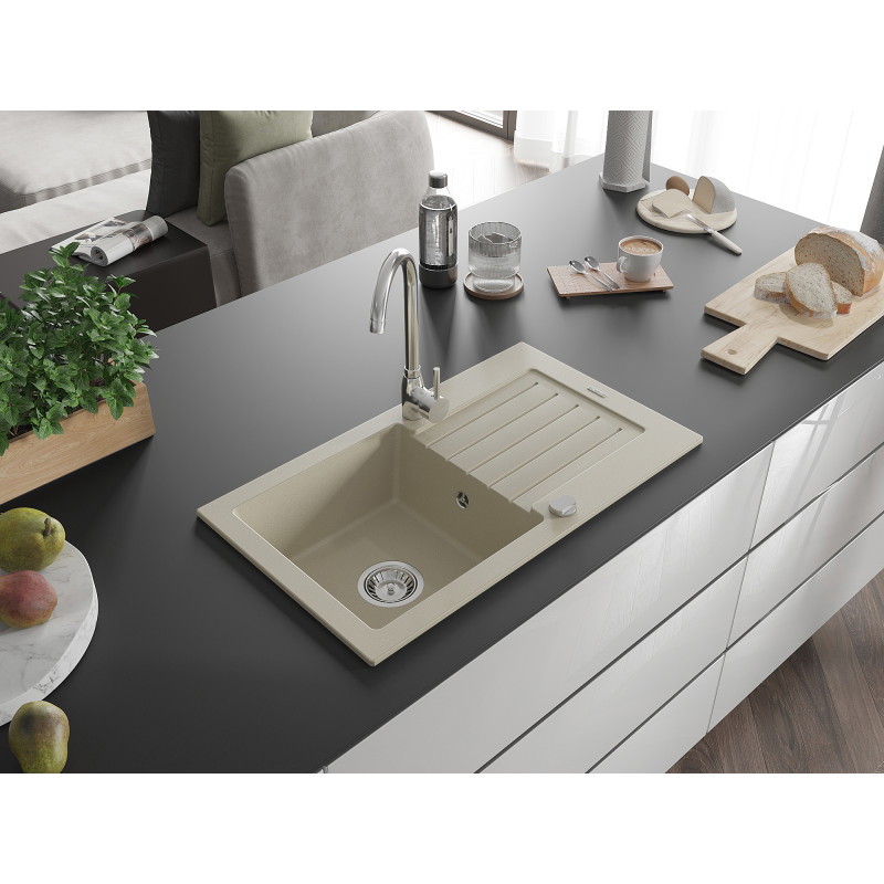 Mexen Pablo 1-bowl granite sink with drainer 752 x 436 mm, beige, chrome siphon - 6510751010-69