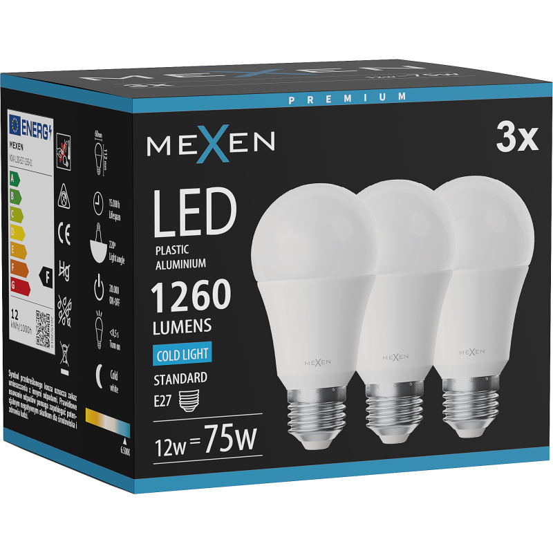 Mexen Nova 3x LED Bulb E27, A60, 12W, Cool - 6500K, 1260 lm - L100-E27-1265-01x03